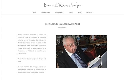 Bernardo Rabassa Asenjo official website homepage featuring a professional portrait photograph of Bernardo Rabassa wearing a dark suit and tie, seated at a desk with documents, against an elegant interior background with neutral tones, conveying professionalism and authority